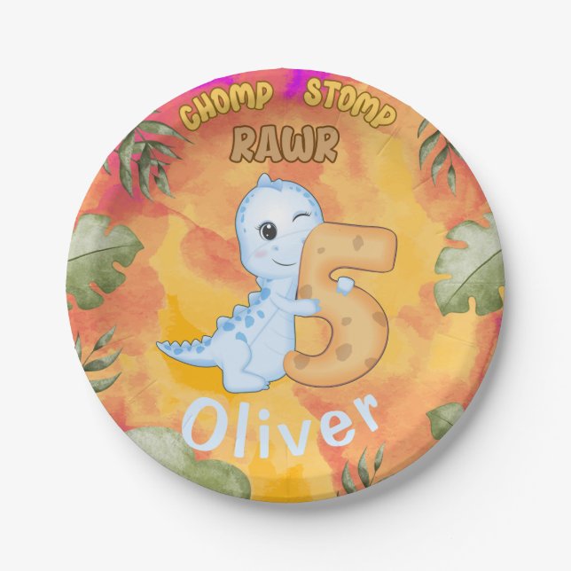Dinosaur Stomp Chomp Rawr 5th birthday party Paper Plate (Front)