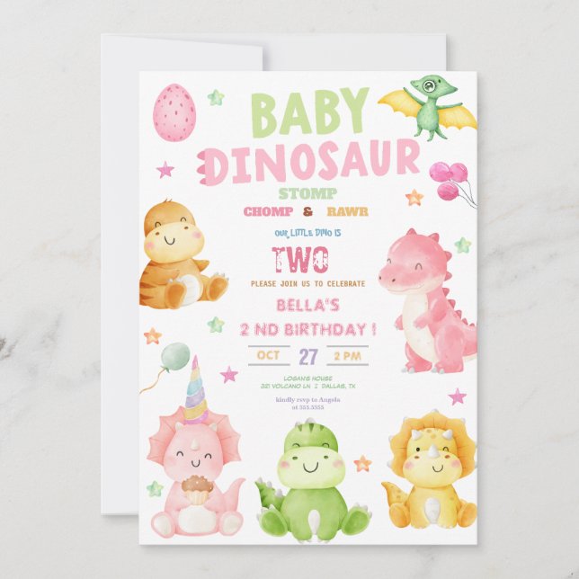 Dinosaur Stomp Chomp Rawr Birthday Party Girl Invitation (Front)