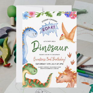 Dinosaur Stomp Chomp Rawr Birthday Party Invitation