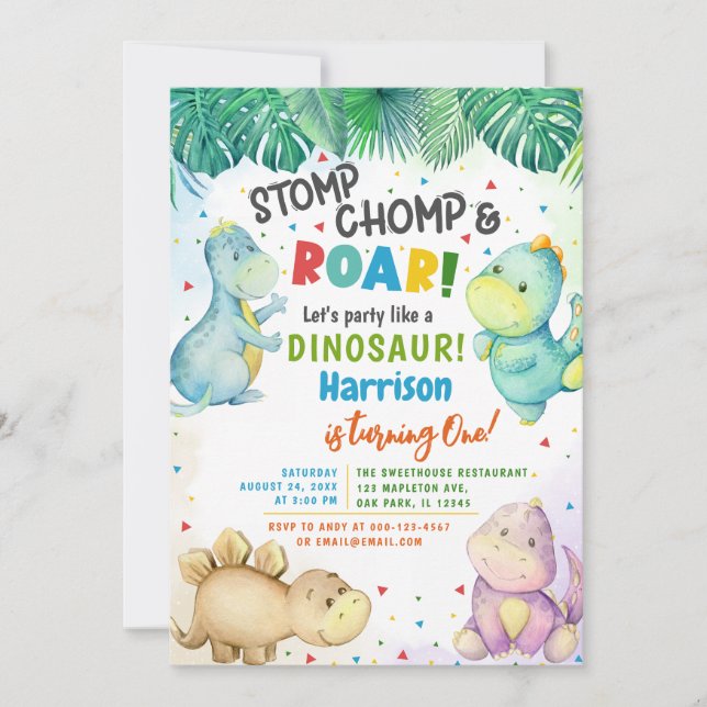 Dinosaur Stomp Chomp & Roar! 1st Birthday Boy Invitation (Front)