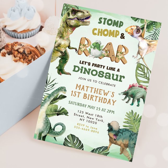 Dinosaur Stomp Chomp Roar 1st Birthday Party Boy Invitation (Creator Uploaded)