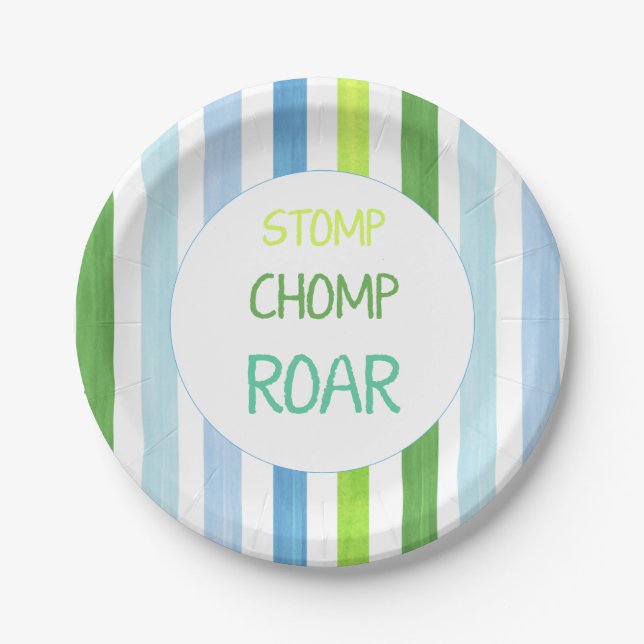Dinosaur stomp chomp roar birthday paper plate (Front)