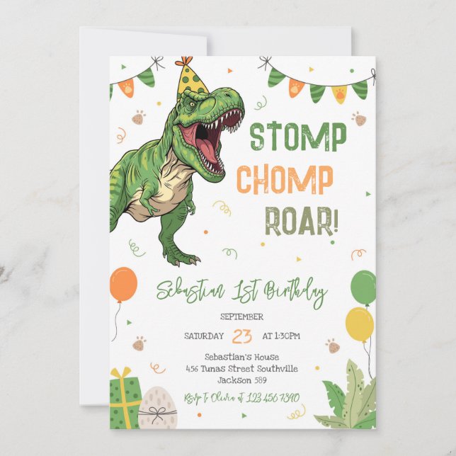Dinosaur Stomp Chomp Roar Birthday Party  Invitation (Front)