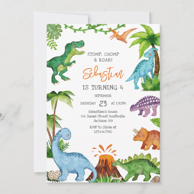 Dinosaur Stomp Chomp Roar Birthday Party  Invitation (Front)