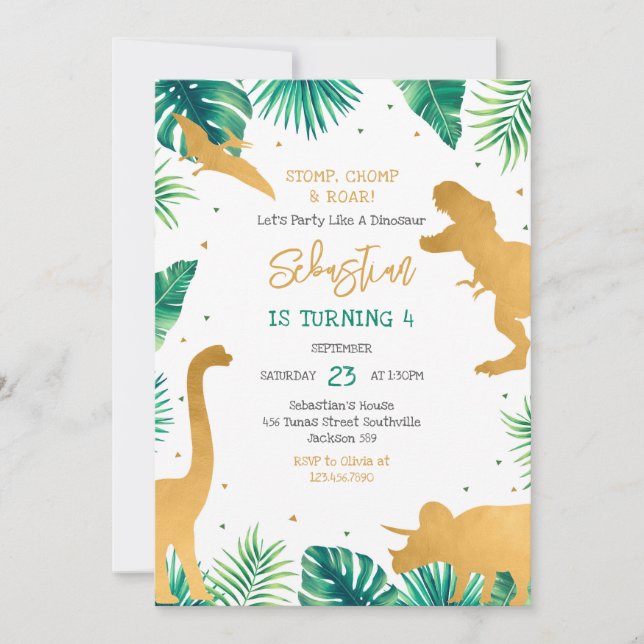 Dinosaur Stomp Chomp Roar Birthday Party Invitation (Front)