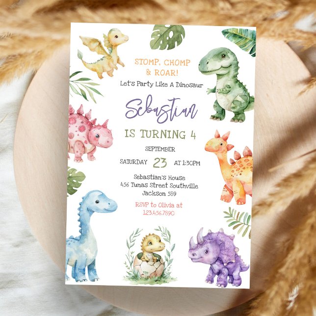 Dinosaur Stomp Chomp Roar Birthday Party Invitation (Creator Uploaded)