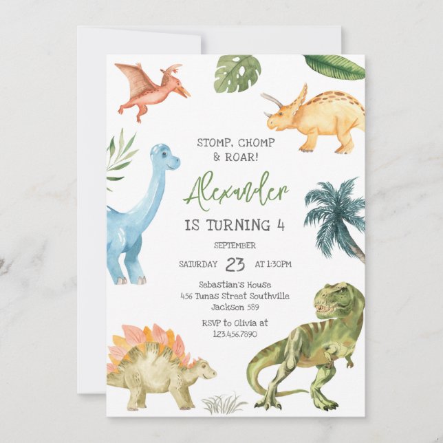 Dinosaur Stomp Chomp Roar Birthday Party Invitation (Front)