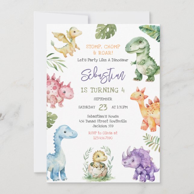 Dinosaur Stomp Chomp Roar Birthday Party Invitation (Front)