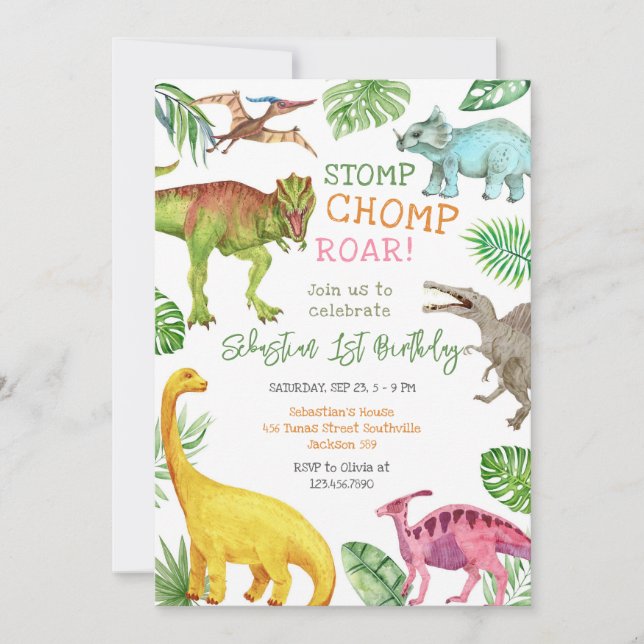 Dinosaur Stomp Chomp Roar Birthday Party  Invitation (Front)