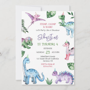 Dinosaur Stomp Chomp Roar Birthday Party  Invitation