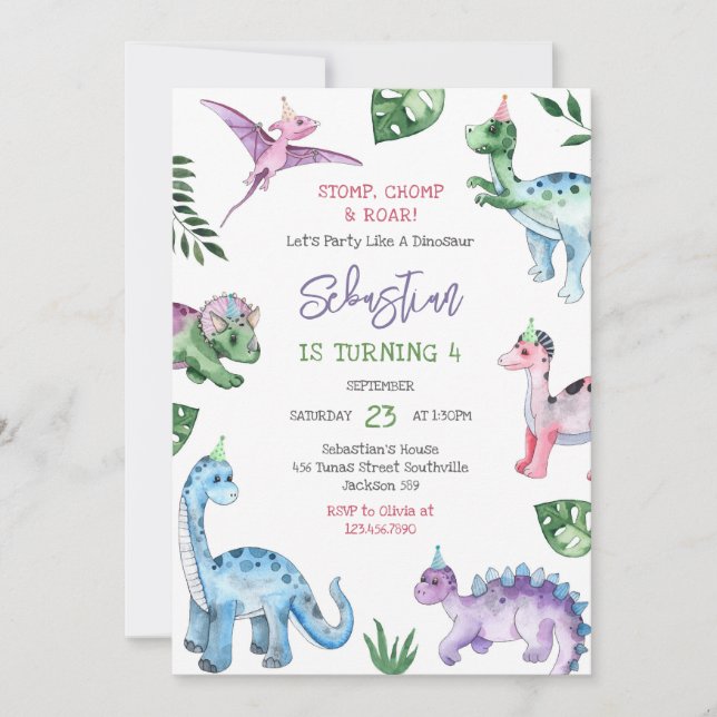 Dinosaur Stomp Chomp Roar Birthday Party  Invitation (Front)