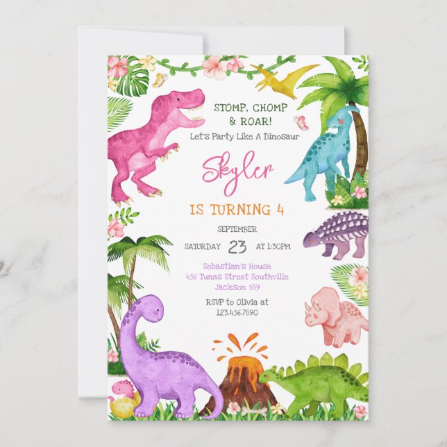 Dinosaur Stomp Chomp Roar Birthday Party Invitation (Front)