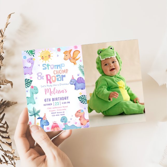 Dinosaur Stomp, Chomp & Roar Birthday Photo Invitation (Creator Uploaded)
