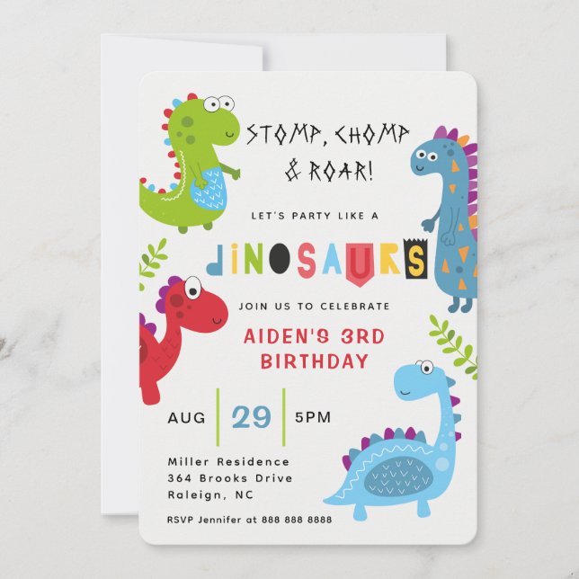 Dinosaur Stomp Chomp Roar Kids Birthday Invitation (Front)