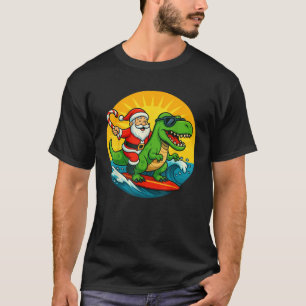 Dinosaur Surfs with Santa Kids Christmas in July H T-Shirt
