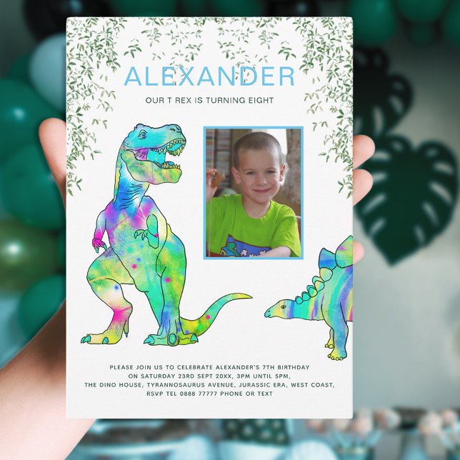Dinosaur T-Rex 8th Birthday Party Blue Green Invitation (Dinosaur T-Rex jungle 8th birthday party invitation with photo template blue and green colorful dino)