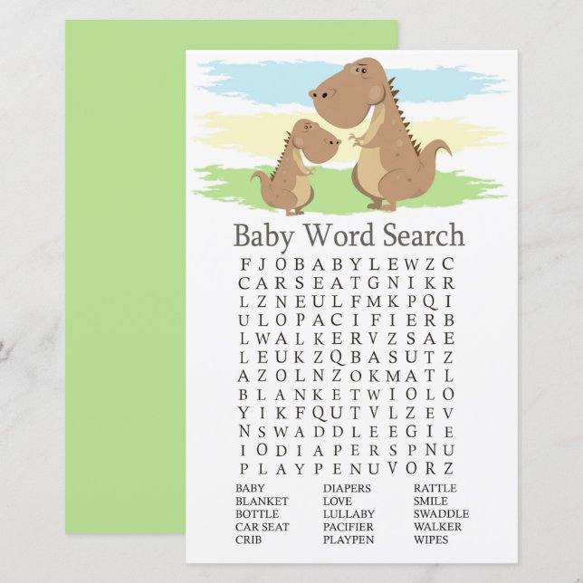 Dinosaur T-rex Baby Shower Word Search Game (Front/Back)
