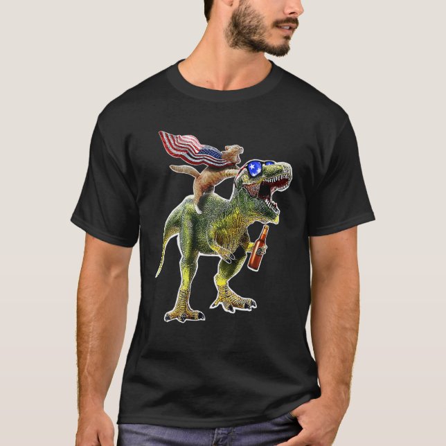 Dinosaur T Rex Beer Cat 4th of July American Flag  T-Shirt (Front)