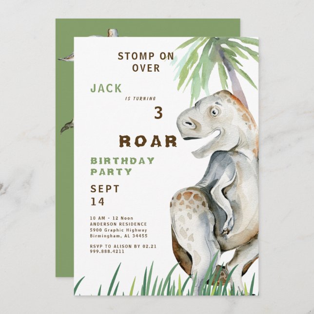 Dinosaur T-rex Birthday Party Invitation (Front/Back)