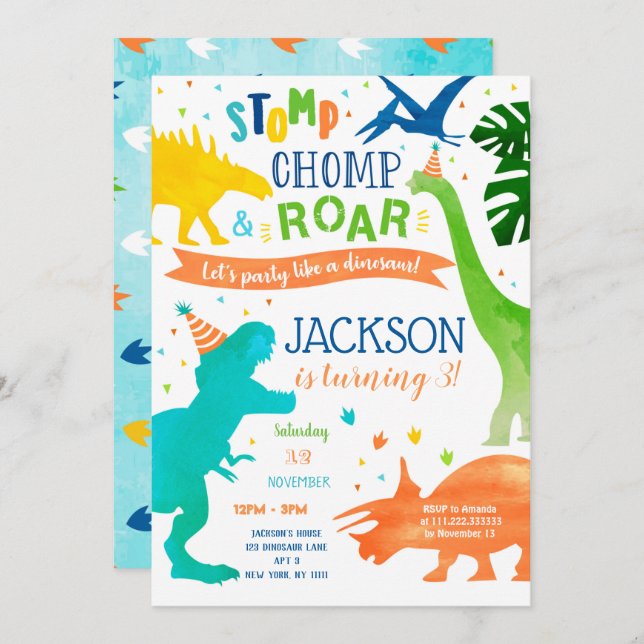 Dinosaur T-rex Birthday Party Invitations (Front/Back)