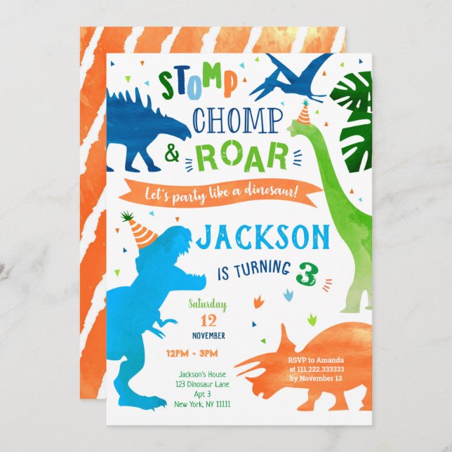 Dinosaur T-rex Birthday Party Invitations (Front/Back)