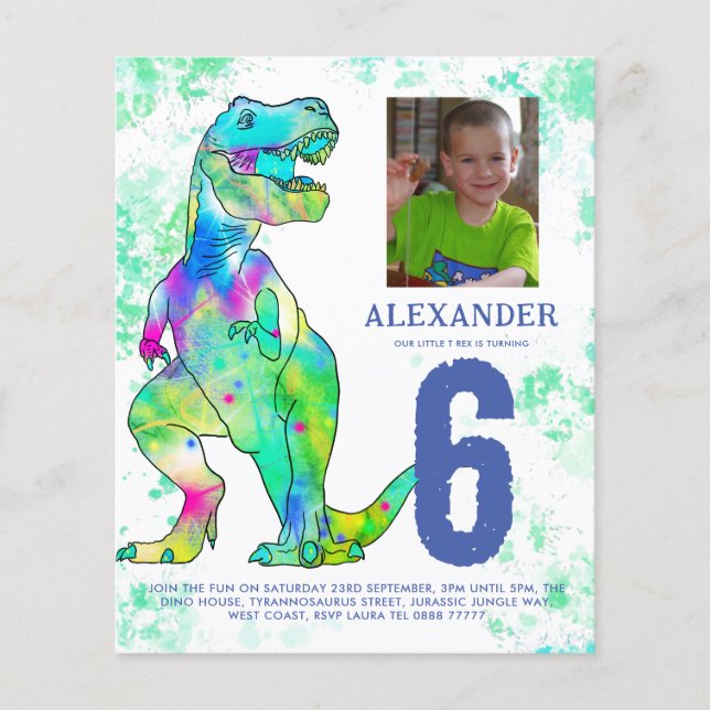 Dinosaur T Rex Birthday Party Photo Budget Flyer (Front)