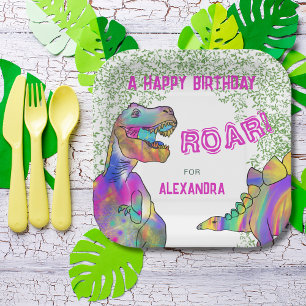 Dinosaur T-Rex Birthday Party Pink Paper Plate