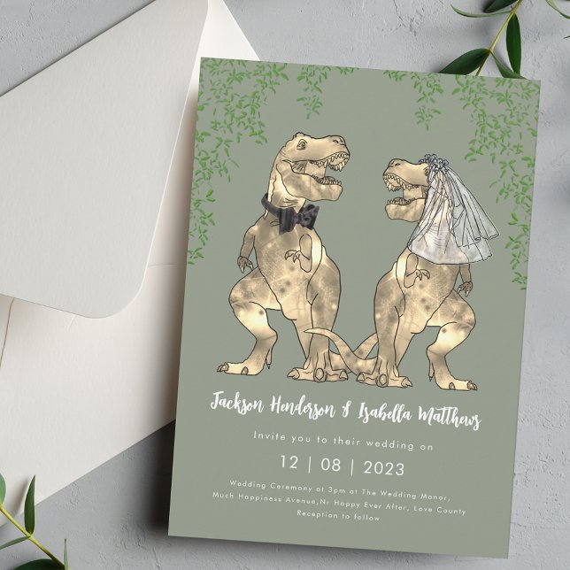 Dinosaur T-Rex Bride & Groom Sage Green Wedding Invitation (Funny Dinosaur T-Rex bride and groom sage green and white wedding invitation )