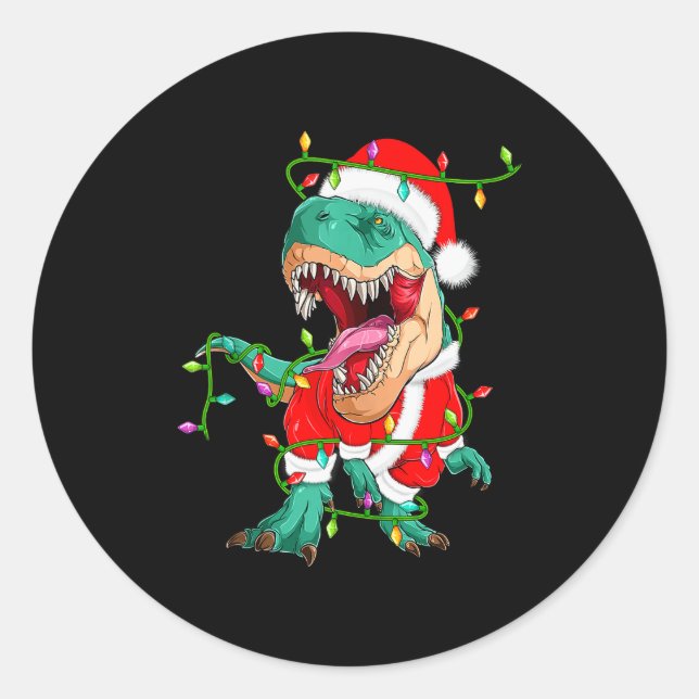 Dinosaur T-rex Christmas Lights Funny Santa Cute A Classic Round Sticker (Front)