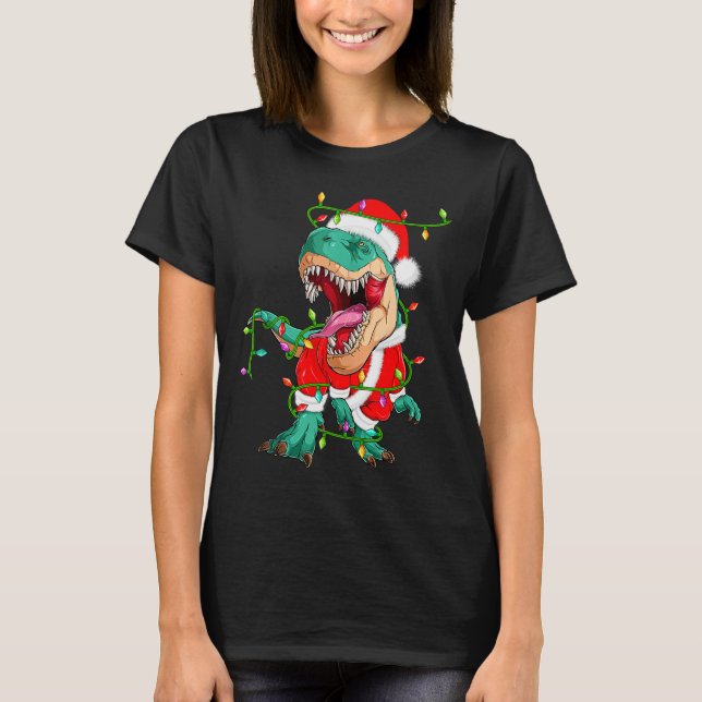 Dinosaur T-rex Christmas Lights Funny Santa Cute A T-Shirt (Front)
