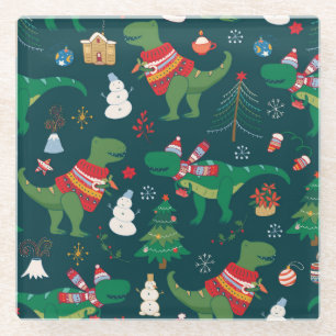 Dinosaur T-Rex: Christmas New Year. Glass Coaster