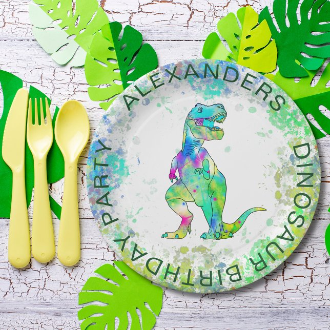 Dinosaur T-Rex Colourful Watercolor Birthday Party Paper Plate (Colorful watercolor T-Rex dinosaur birthday party custom paper plate any age)