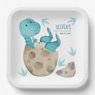 Dinosaur T-Rex Egg Hatching Boy Baby Shower Paper Plate