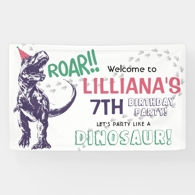 Dinosaur T-Rex Girls Birthday Party Welcome Banner (Horizontal)