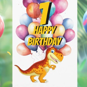 Dinosaur T Rex Gold 1st Birthday Balloons Card