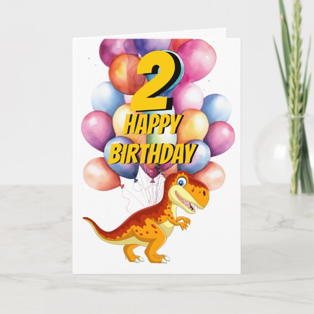 Dinosaur T Rex Gold 2nd  Birthday Balloons Card (Front)