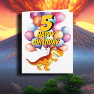 Dinosaur T Rex Gold 5th Birthday Balloons Card
