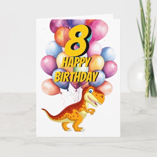 Dinosaur T Rex Gold 8th  Birthday Balloons Card (Front)