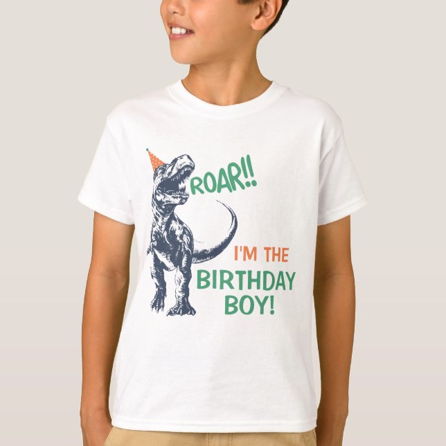 Dinosaur T-Rex in Party Hat Birthday Boy Shirt (Front)
