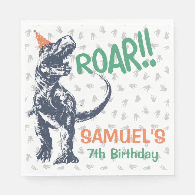 Dinosaur T-Rex in Party Hat Birthday Party Napkin (Front)