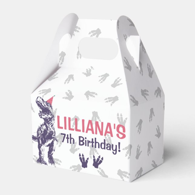 Dinosaur T-Rex in Party Hat Pink & Purple Birthday Favour Box (Front Side)