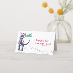 Dinosaur T-Rex in Party Hat Pink & Purple Birthday Place Card