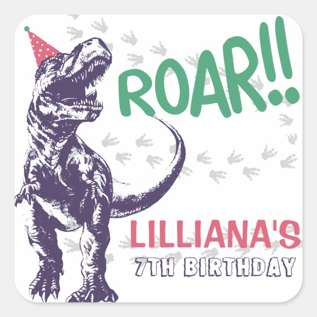 Dinosaur T-Rex in Party Hat Pink & Purple Birthday Square Sticker (Front)