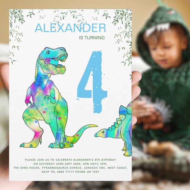 Dinosaur T. rex jungle 4th Birthday Party blue Invitation (Dinosaur 4th birthday party invitation with jungle foliage and colorful T-Rex dino and stegosaurus )