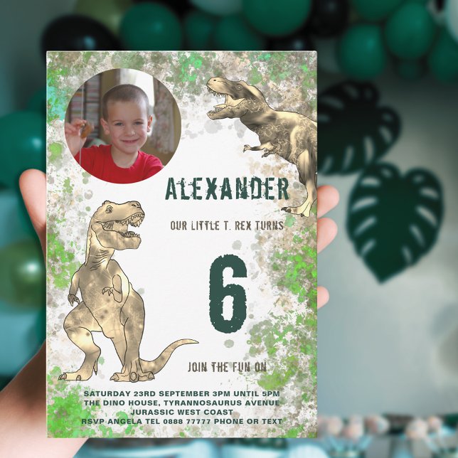 Dinosaur T Rex Jungle Birthday Party Photo Invitation (Dinosaur T-Rex 6th birthday party photo invitation watercolor green and brown )