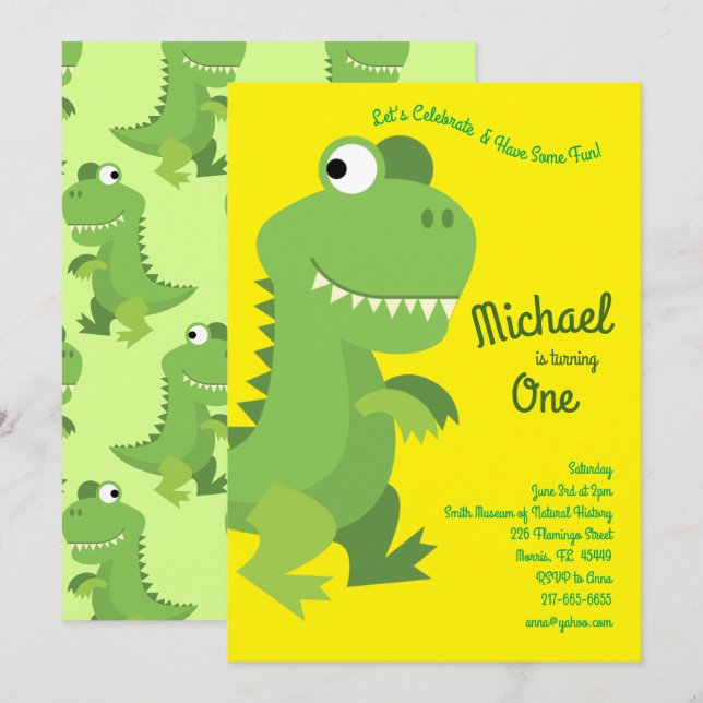 Dinosaur T-rex Kids 1st Birthday Dino Party Invitation (Front/Back)