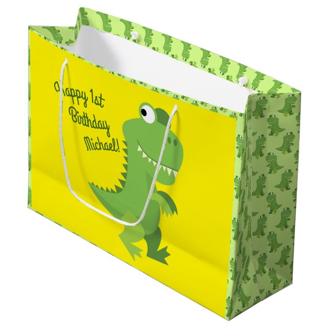 Dinosaur T-rex Kids 1st Birthday Dino Party Large Gift Bag (Front Angled)