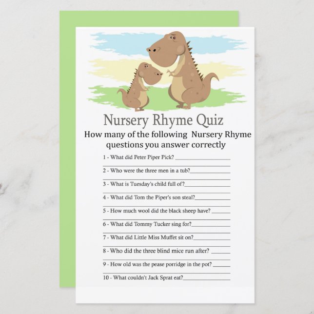 Dinosaur T-rex Nursery Rhyme Quiz baby shower game (Front/Back)