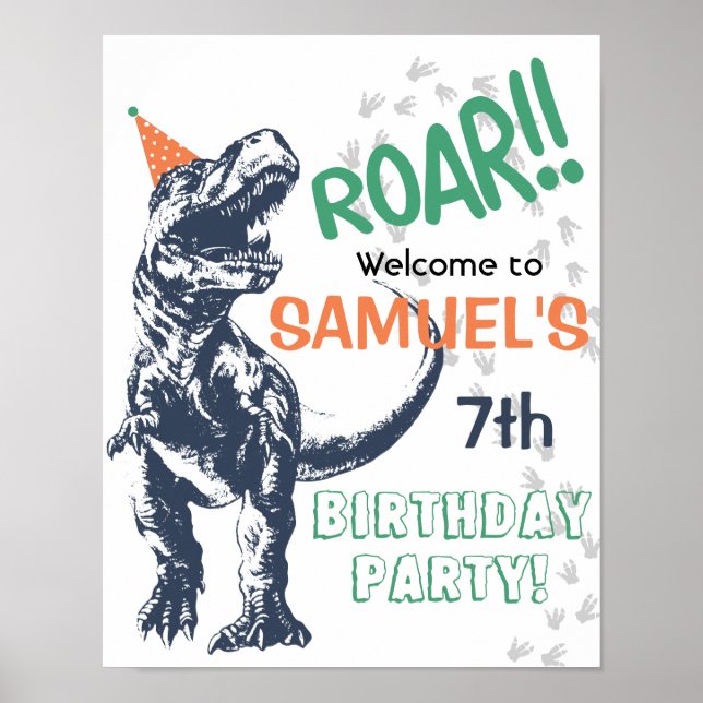 Dinosaur T-Rex Party Hat Birthday Welcome Sign (Front)