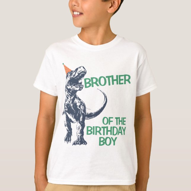 Dinosaur T-Rex Party Hat Brother of Birthday Boy T-Shirt (Front)